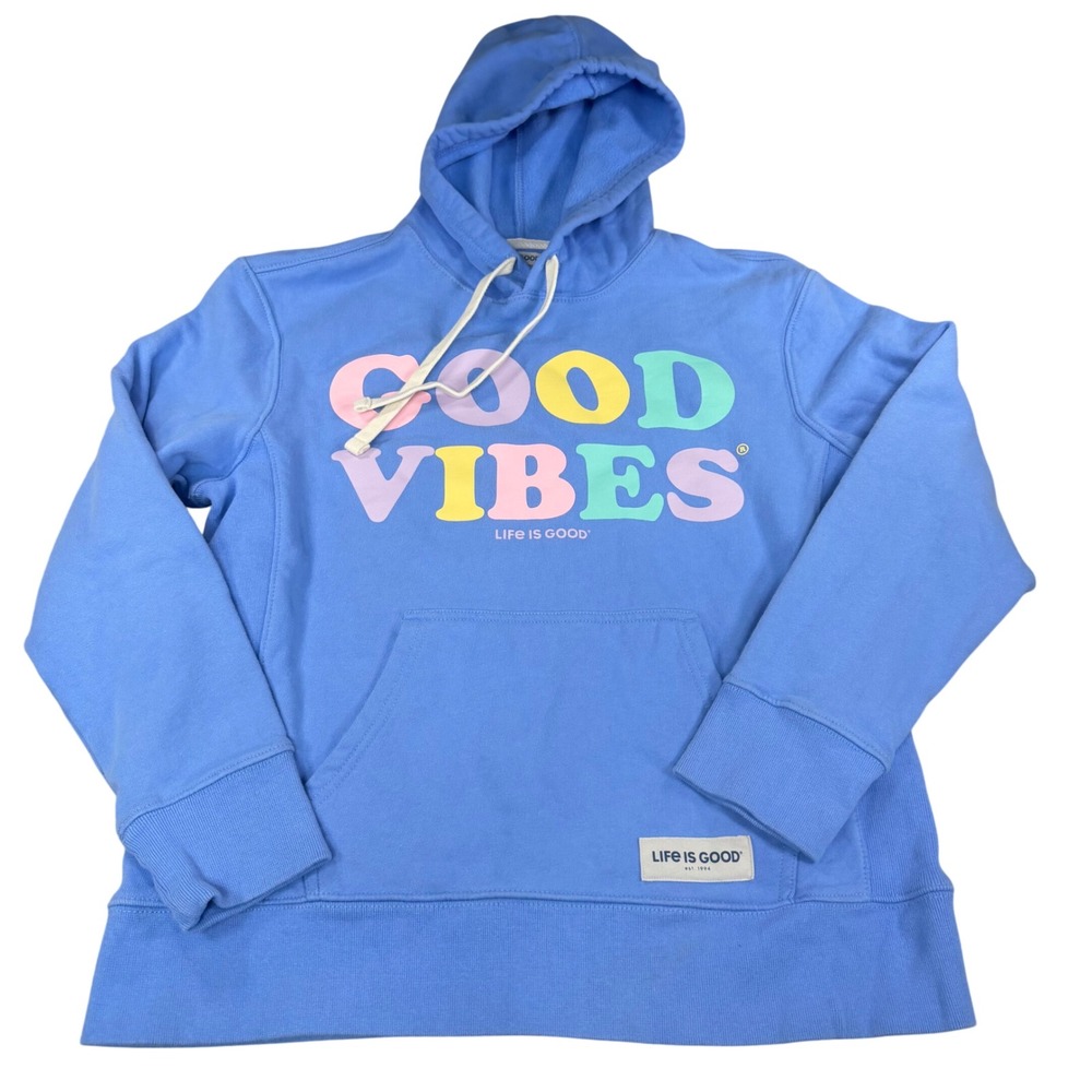 Life is Good Womens Blue Good Vibes Graphic Pullover Hoodie Sweatshirt Medium